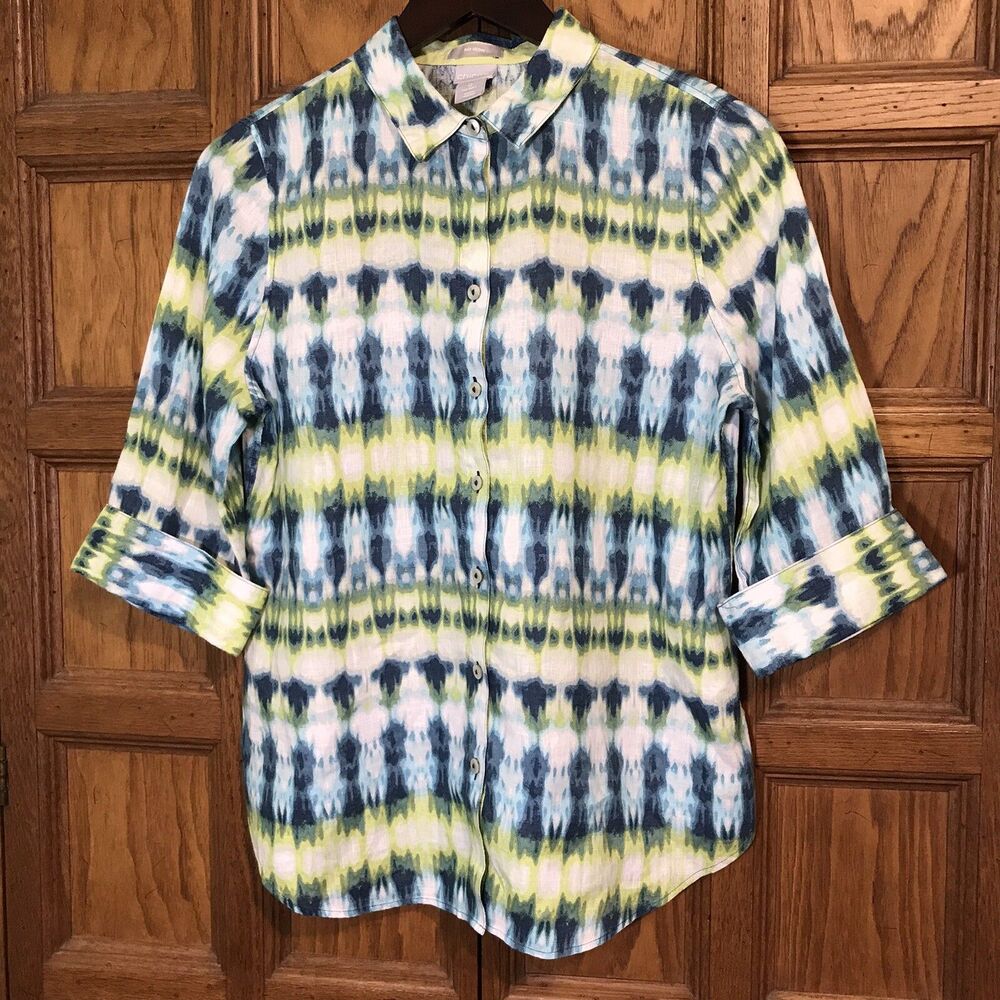 Chico's Tie-Dye No Iron 100% Linen Blouse Women's 4 Blue/Green Button Up Top